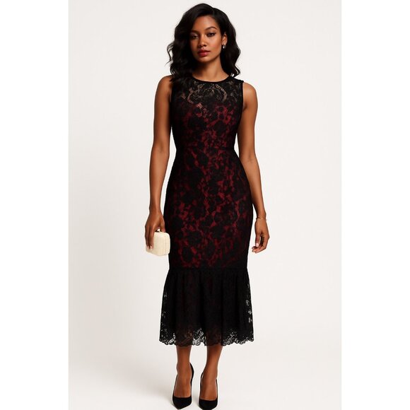 Milly Black Red Lace Sleeveless Midi Dress Size 10 Made in USA Floral Overlay Co - Picture 1 of 12